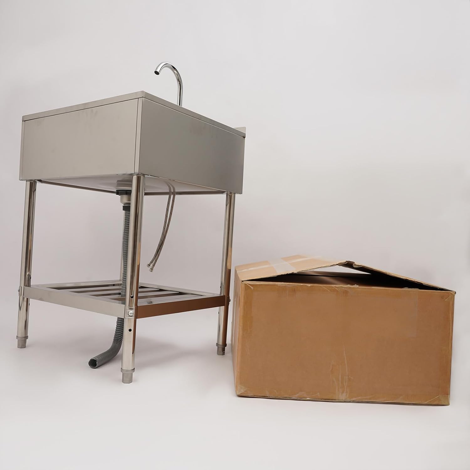 Freestanding Utility Sink Single Bowl Laundry Sink | Stainless Steel, Hot/Cold Water, Storage Shelf | for Kitchen, Bathroom, Farmhouse