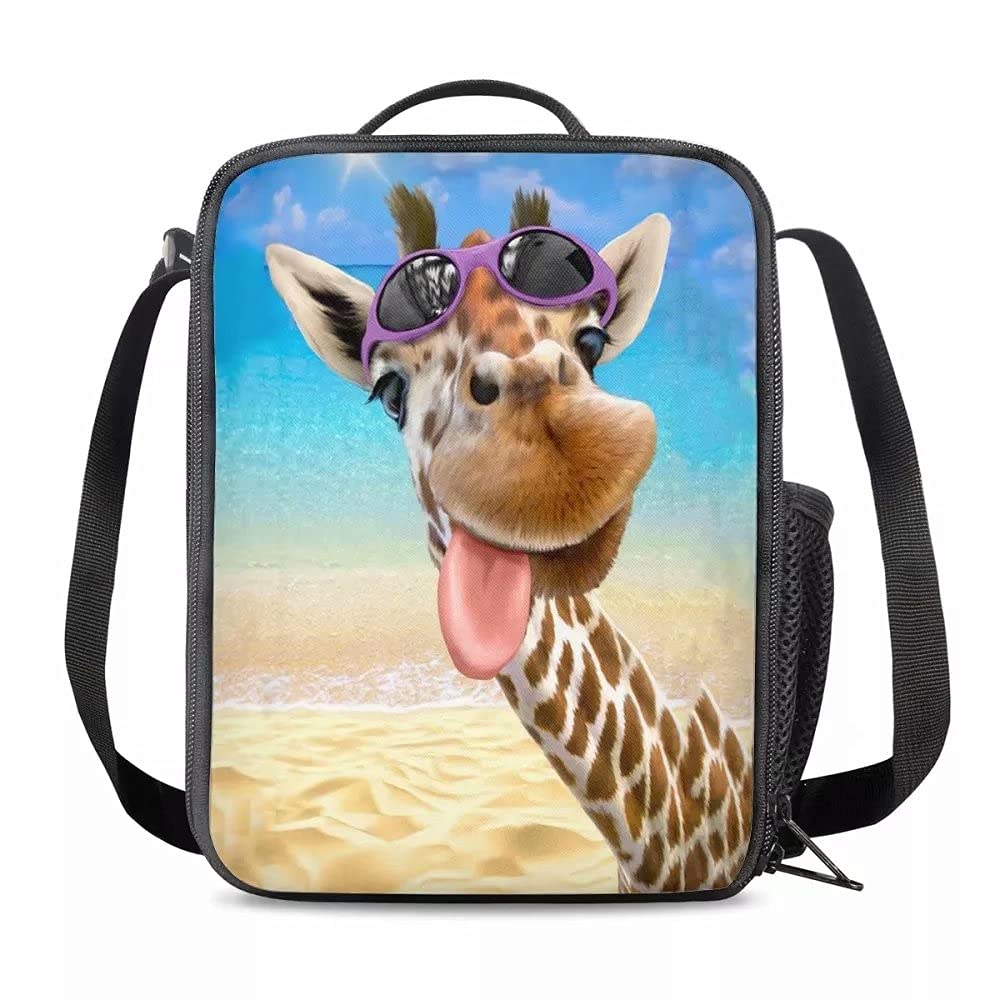 chaqlin Kids Children Insulated Lunch Bags,Funny Giraffe Mini Crossbody Lunchbox,Ladies Girls Outdoor Picnic Dinner Food Container with Shoulder Straps and Water Bottle Holders — image 1