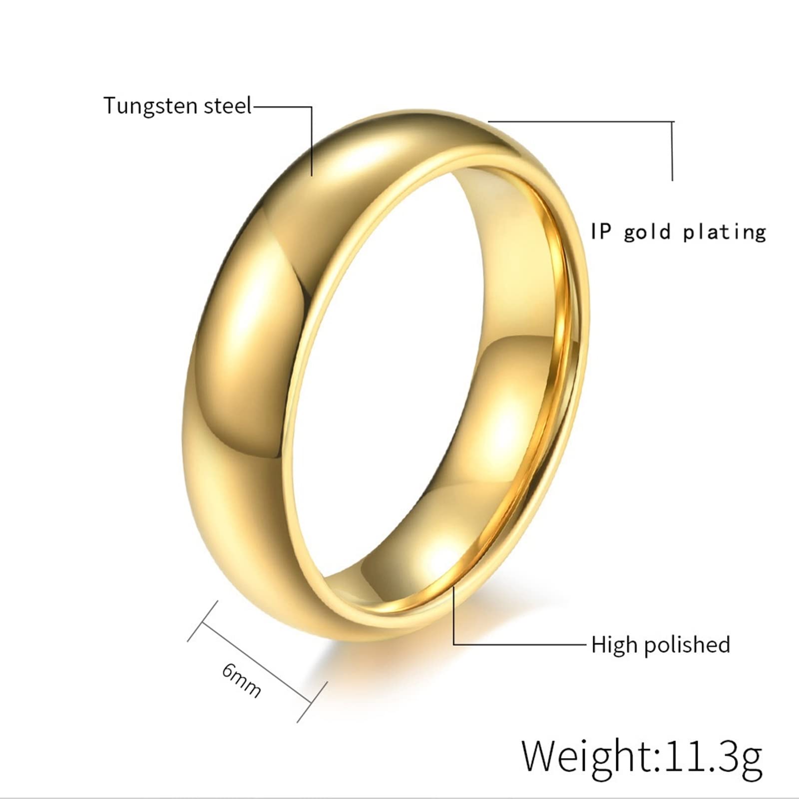 Anelli dell'amicizia da donna, anello da donna in tungsteno oro lucido da 6 mm, regalo di fidanzamento da donna, R 1/2 for women, T 1/2 for Men, Tungsteno