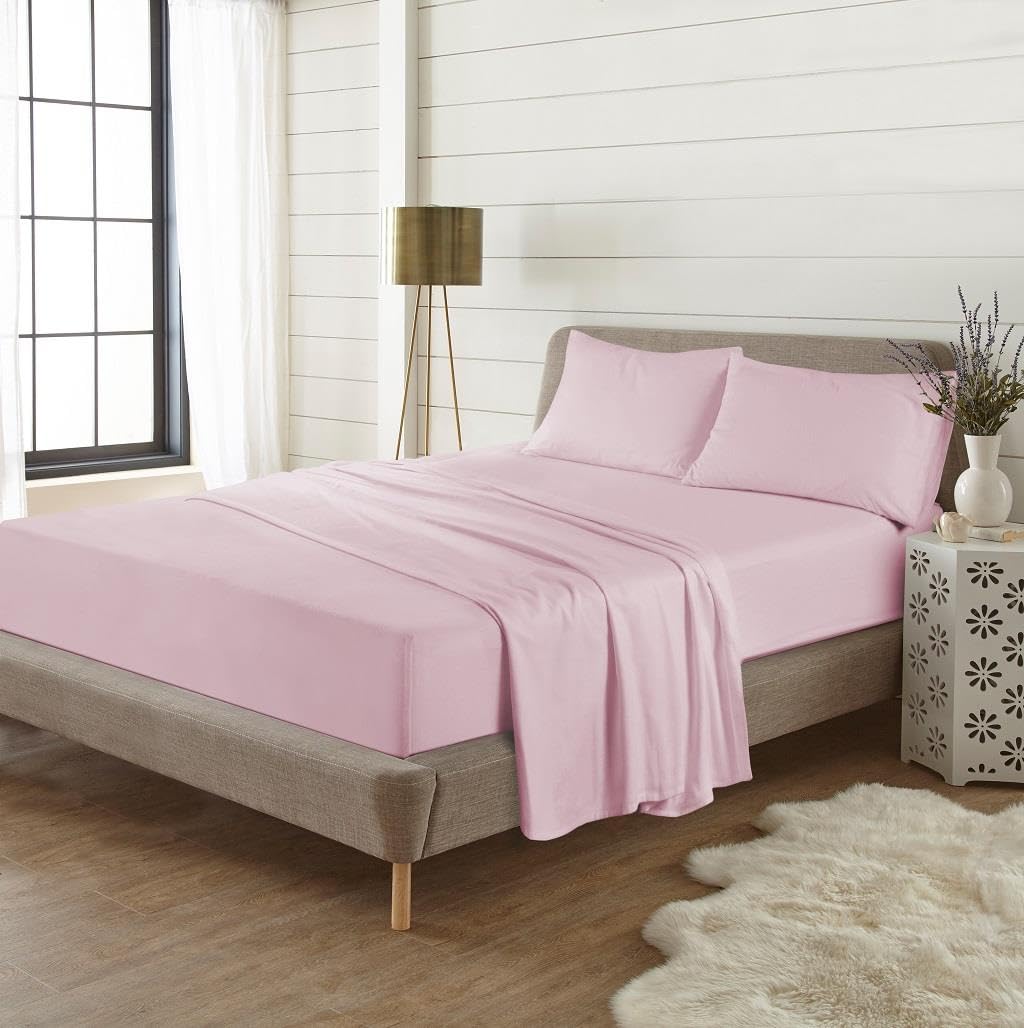 Kampala Hill Flannelette Plain Dye Brushed Cotton Sheet Set: Single Flat + Fitted Sheet + Pillowcase Pink