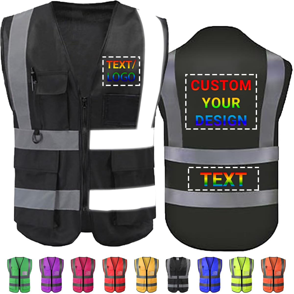 Yakify Personalized Custom Safety Vest for Men Women with Logo/Photo/Text Pockets Zipper High Visibility Reflective Vest