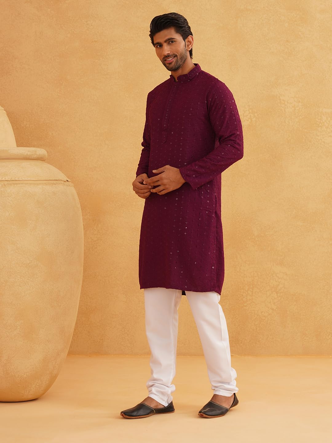 Sojanya (Since 1958 Men's Sequinned Embroidered Purple Cotton Kurta And White Pyjama Set