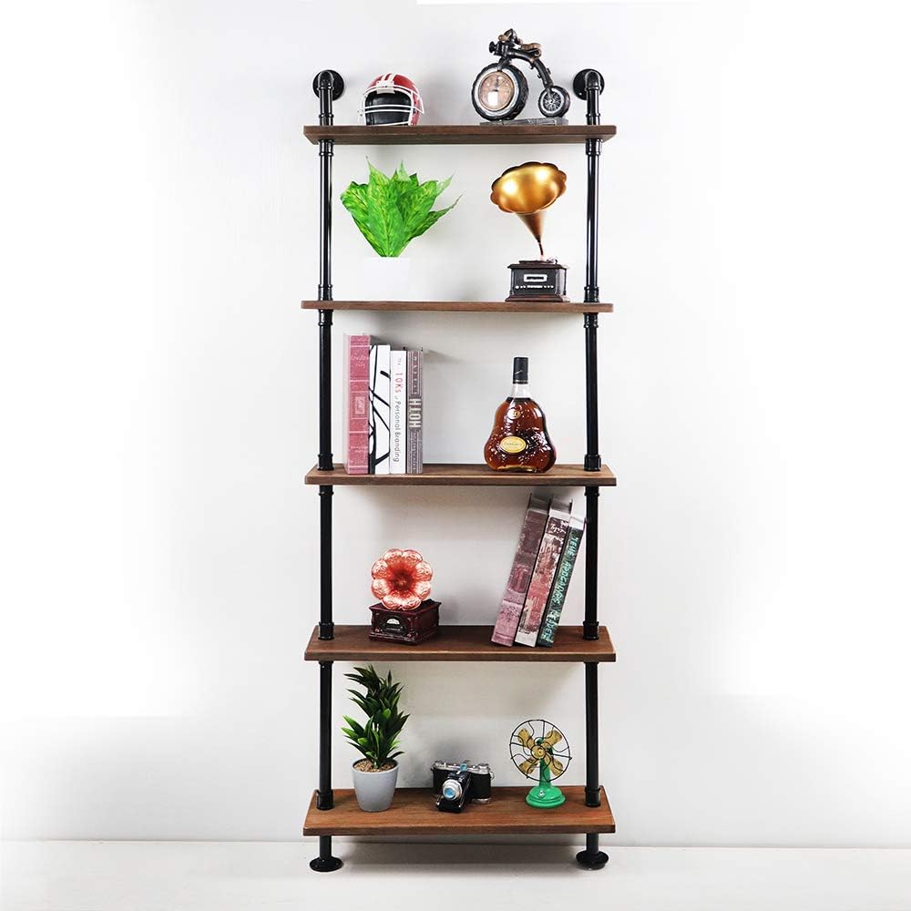 Industrial Pipe Shelf Floating Wall Shelf Rustic Wood with Black Iron Pipe 5 Tier