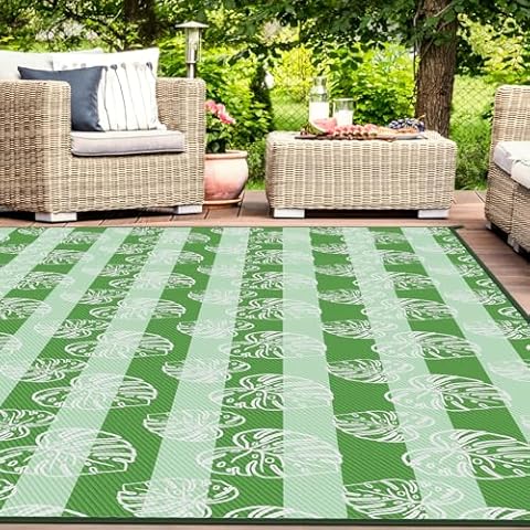 ROMROL Plastic Straw Reversible Area Rug, 5x8ft, Green Leaf, Waterproof, Indoor Outdoor, RV, Patio, Picnic, Beach, Camping Cover