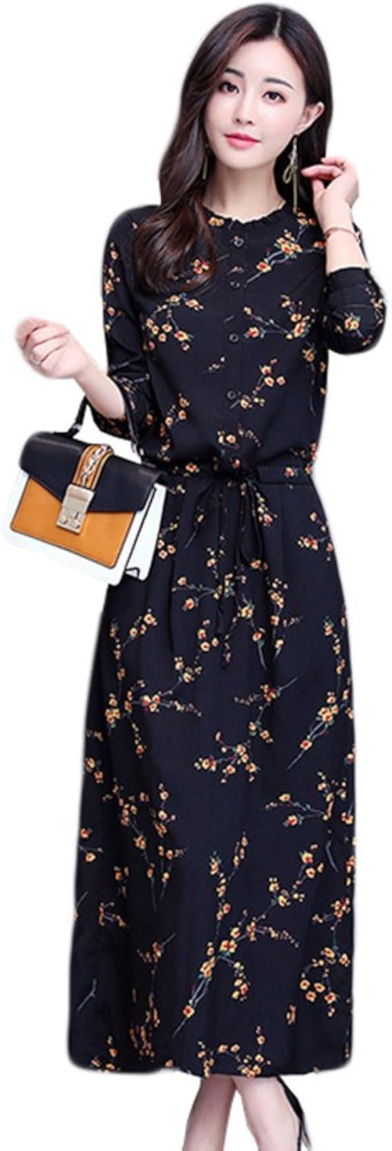 Amazon Co Jp ワンピース 花柄 シフォン ドレス レディース 春 秋 ロング丈 長袖 おしゃれ ゆったり 柔らかい きれいめ エレガント 着痩せ フォーマル 通勤 二次会 お呼ばれ 細ベルト付き ｍ ｌ Xl 2xl 服 ファッション小物