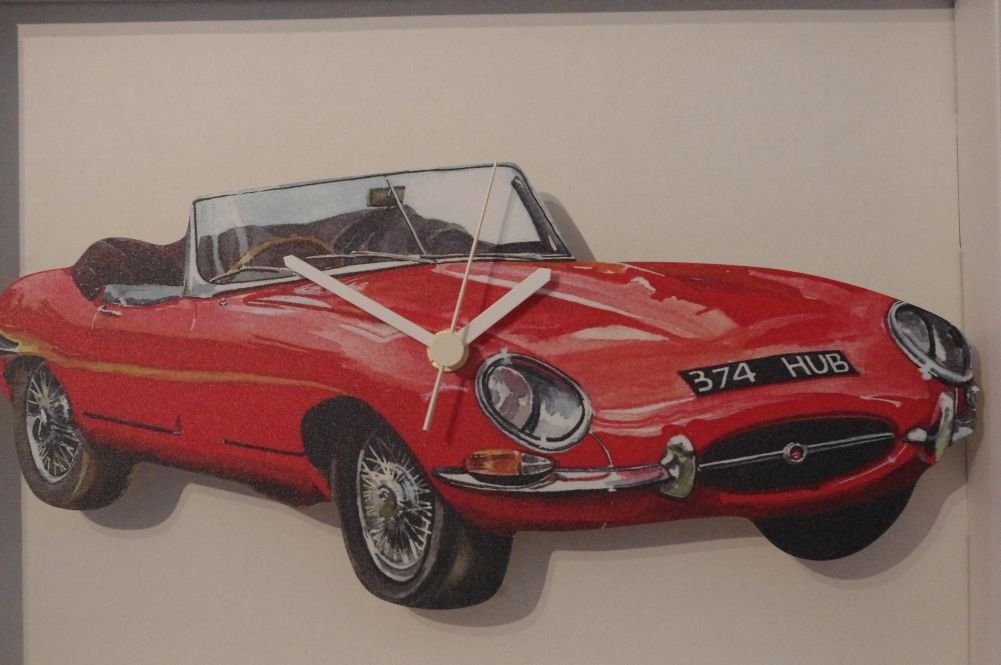 Lark Rise Red E Type Jaguar/Jag Car Novelty handmade Wooden clock made in UK