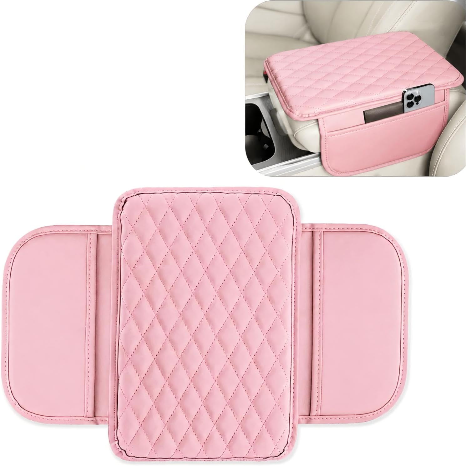 Car Center Console Cover, Upgraded Microfiber Leather Car Armrest Cover Cushion, Scratch-Resistant Armrest Storage Pad with 2 Storage Bags, Universal for SUV, Sedan, Truck (Pink)