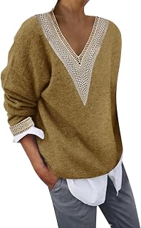 Womens Fall Casual Jacquard V Neck Lace Trim Lightweight Thin Jumper Loose Fitting Embroidery Collar Knitwear Jumper Tops Stretchy Comfy Pullover Sweater Tops