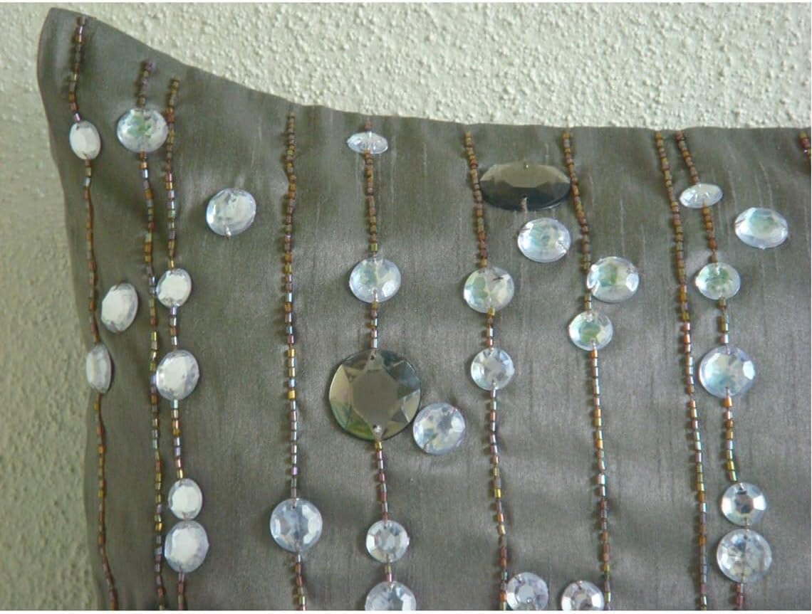 The HomeCentric Pillow Cover 12x20 inch (30x50 cm) Gray, Designer Grey Lumbar Pillow Cover, Lined Crystals Sparkly Pillows Cover, Modern Lumbar Pillow Cover, Rectangle Silk Lumbar - Diamond Dreams