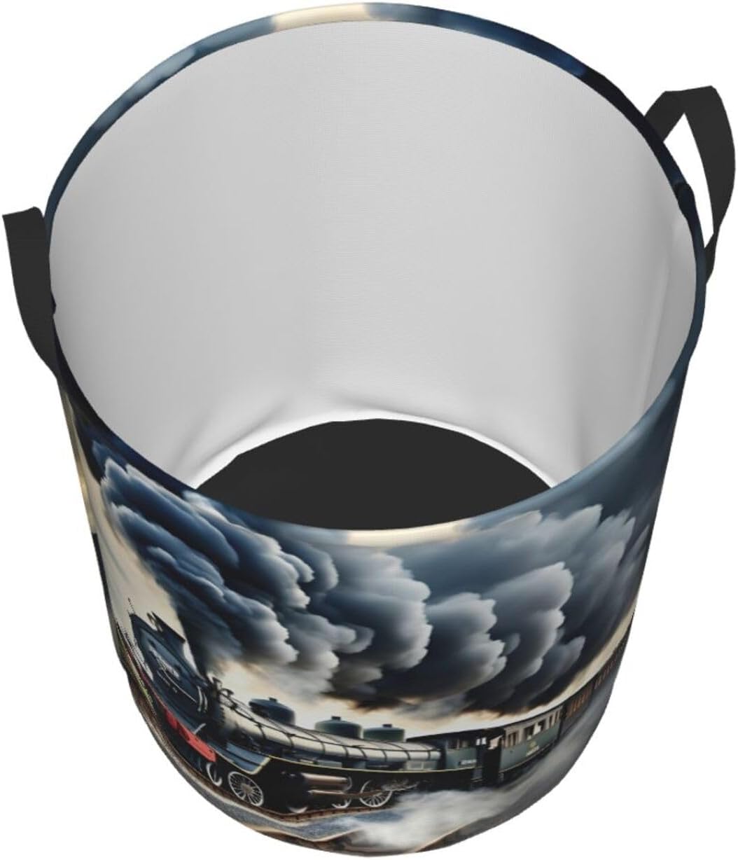 Steam Train Clouds Print Circular Protable Storage Bin,Basket For Laundry Hamper With Handles Bedroom Clothes