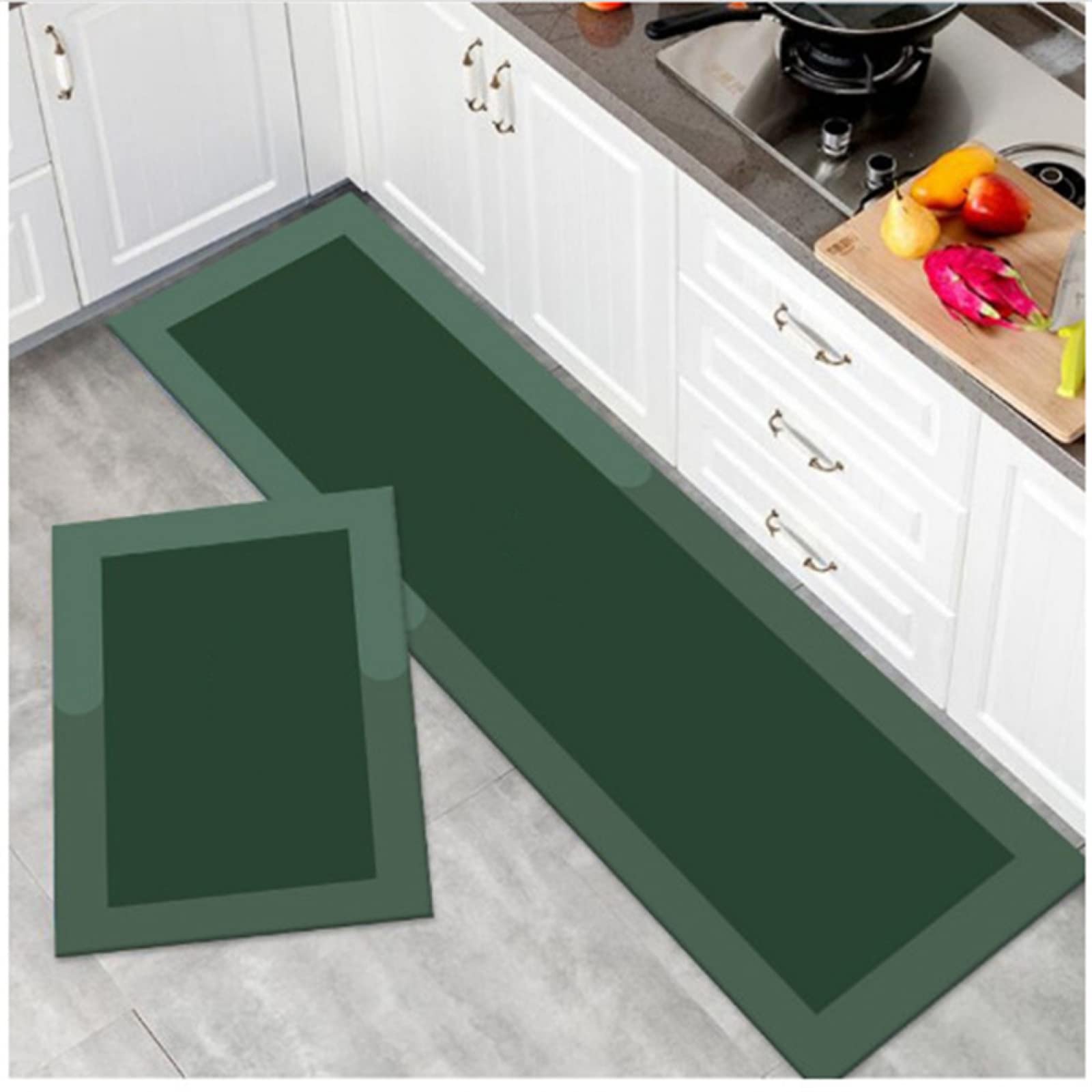 Küchenläufer Set 2 pezzi 45 x 70 cm + 45 x 120 cm Waschbare Rutschfeste Küchenteppiche Wasser- und Ölabsorbierende Fußmatten für Küche Wohnzimmer Badezimmer - Grünes Design