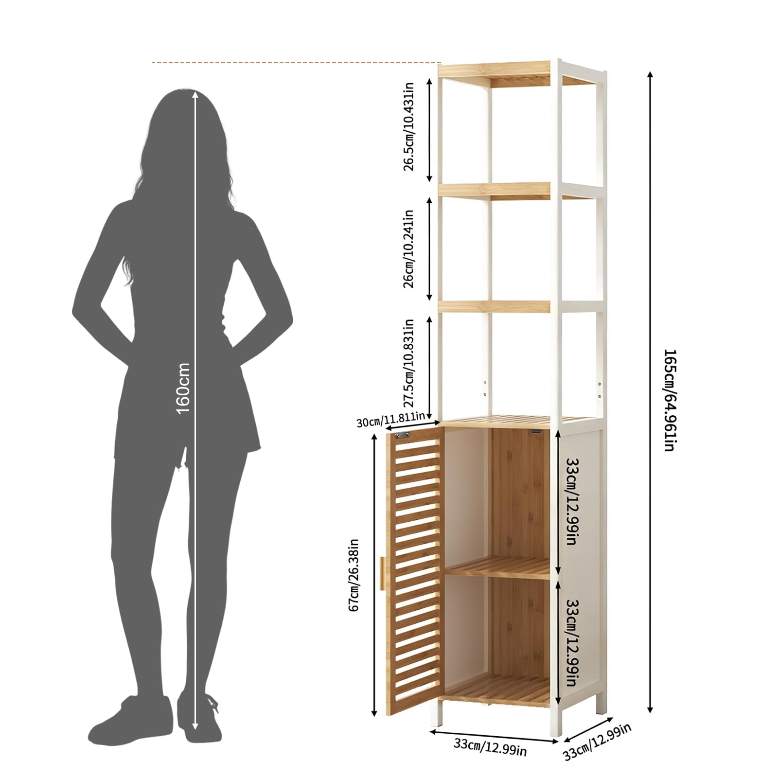 Badezimmerschrank Schmal, Badregal Bambus mit 3 Offene Fächern und Schrank, Hochschrank Bad 33x33x165cm, Toilettenschrank für Badezimmer, Wohnzimmer, Küche