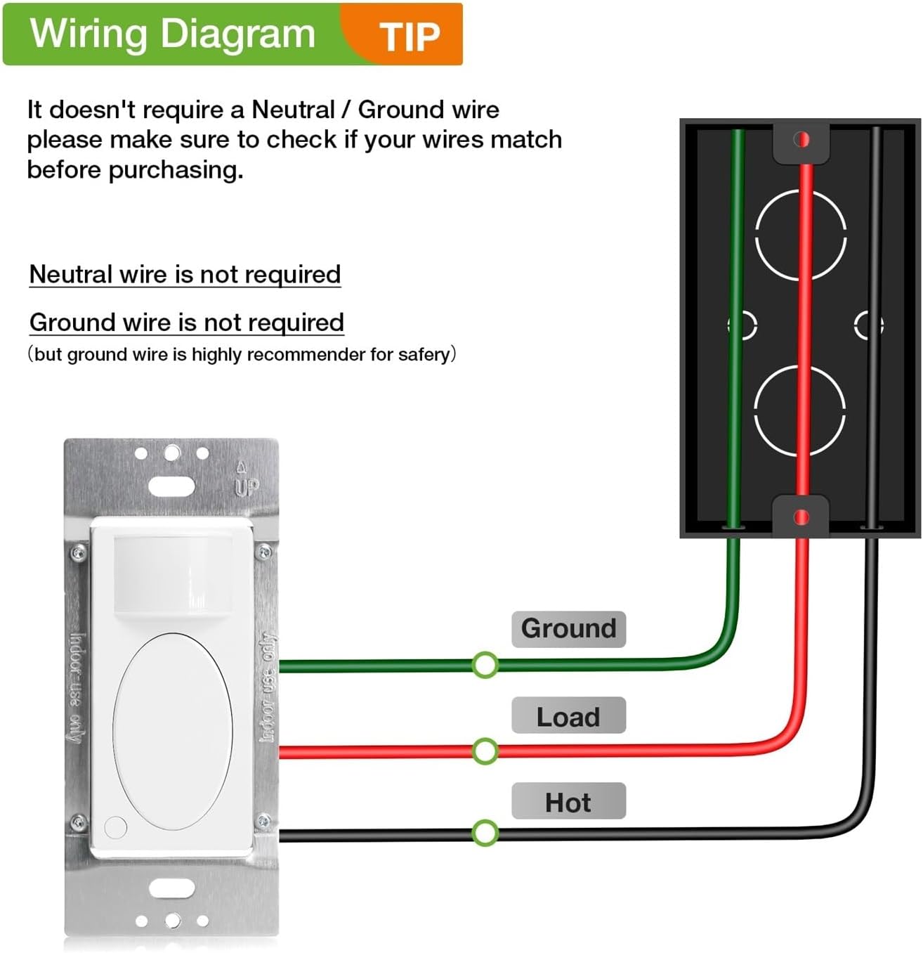 Pir Motion Sensor Light Switch,Occupancy Sensor Switch | 5amp | Sigle-Pole | No Neutral Required Operable Without Ground Wire