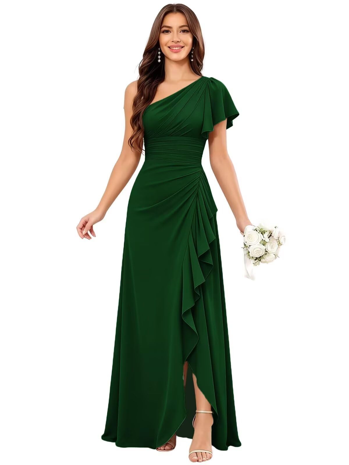 Damen Chiffon One Shoulder Brautjungfernkleider Elegant A-Linie Ballkleider Lang Formelles Abendkleider Mit Schlitz