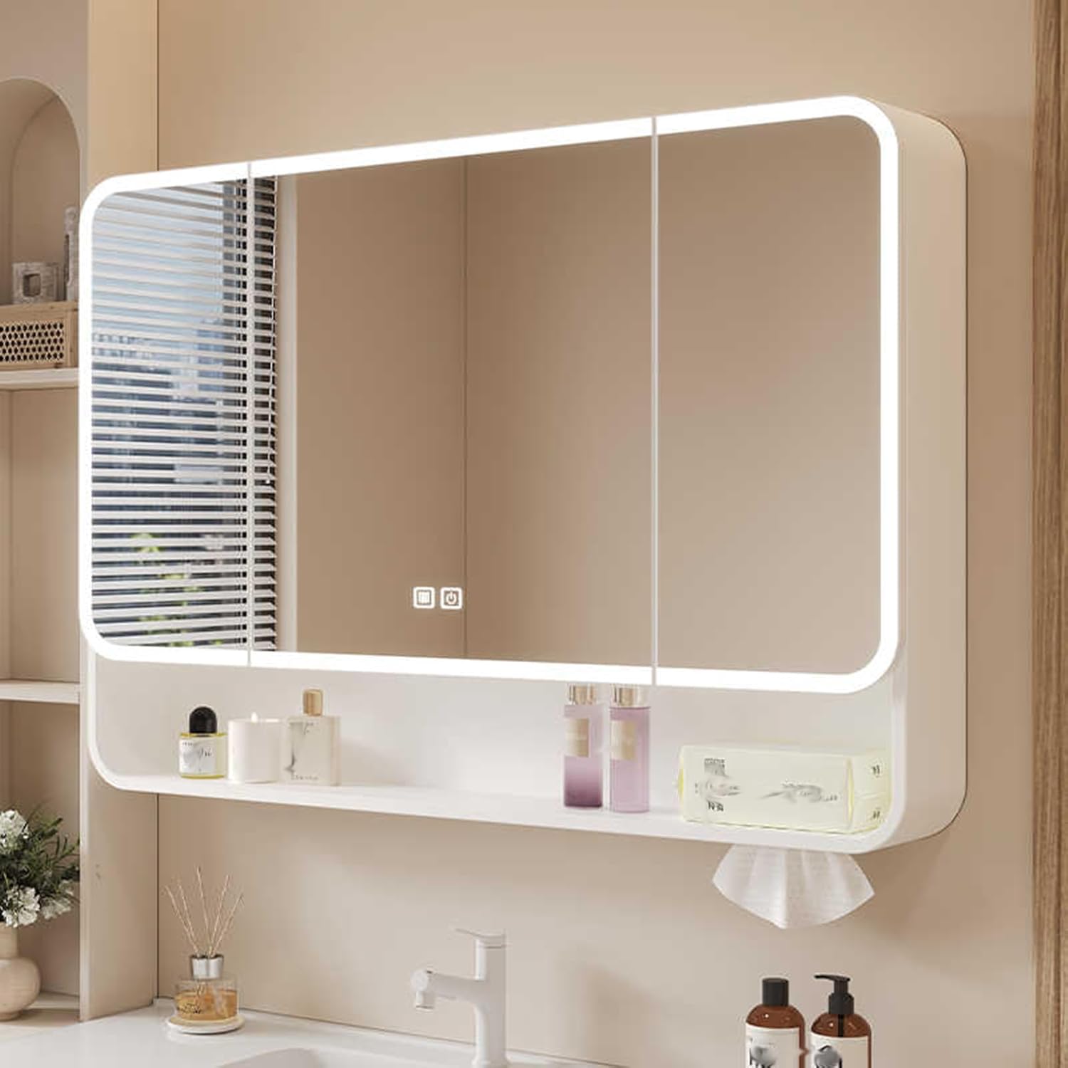 Led Bathroom Mirror Cabinet,Bathroom Mirror Cabinet with Makeup Mirror,hd Anti-Fog,Moisture-Proof,Hanging Bathroom Cabinet with Storage