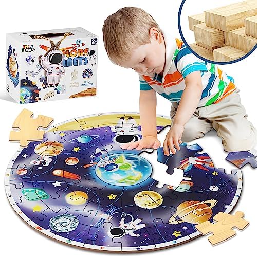 iPlay, iLearn Kids Puzzle Ages 4-8, Wooden Solar System Floor Puzzles Ages 3-5, Large Round Space Planets Jigsaw Puzzle Toys, Educational Learning Gift for 6 7 8 Years Old Toddlers Boys Girls Children