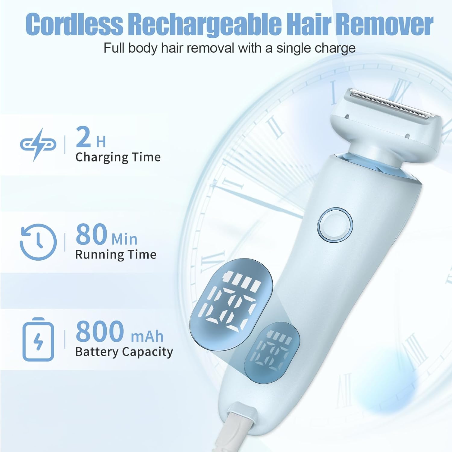 Electric Shaver for Women, 2 in 1 Wet & Dry Painless Hair Removal, Silk Glide Pro Shaver with 2 Removable Heads for Leg Arm Underarm Bikini Area,IPX7 Waterproof, Blue - Image 8