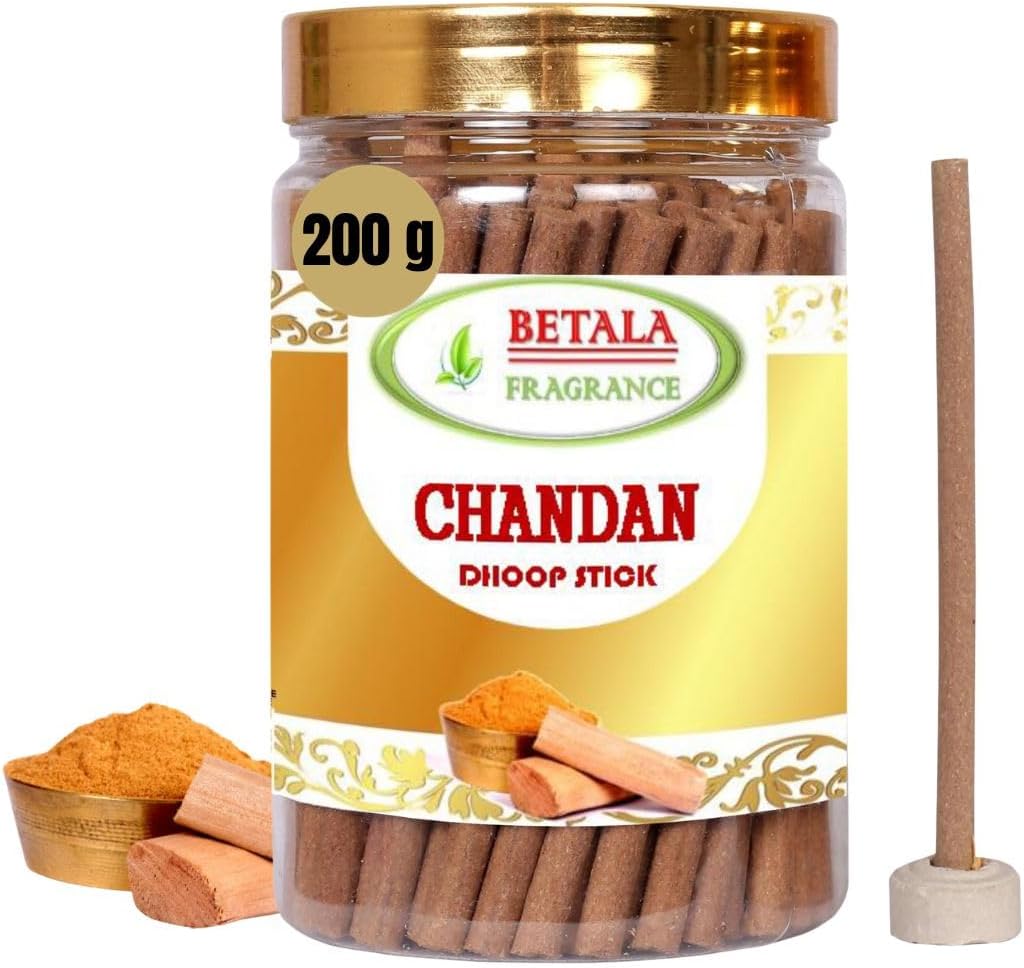 Betala Fragrance Chandan (Sandalwood) Flavour Dhoop Sticks for Pooja, Pack of 200 Gm Dhup Batti with Holder, Agarbatti, Incense Stick, Sandal, Cones, Cup, Sambrani (200 Gm, Chandan)
