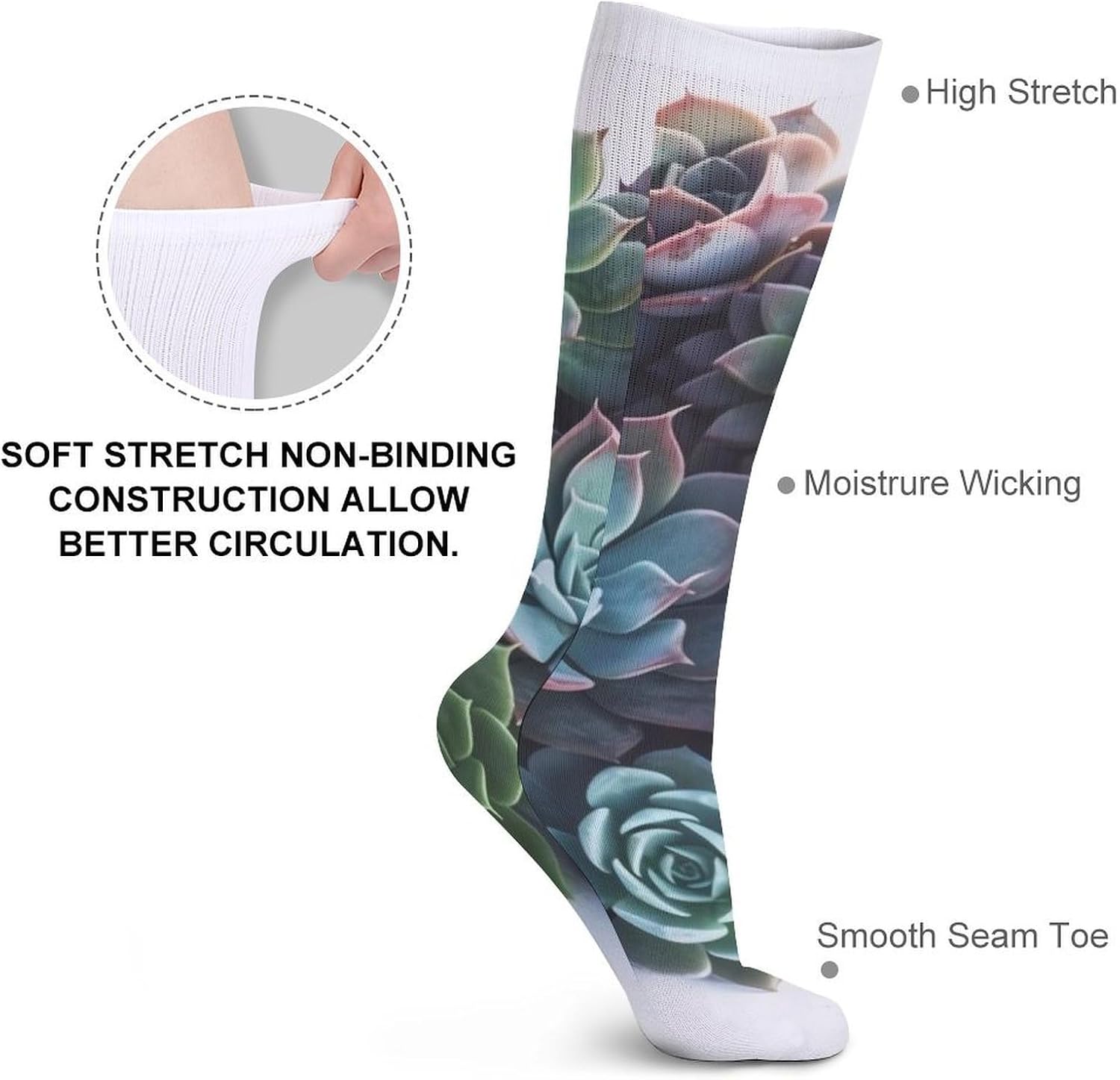 Breathable Crew Sock, Moisture Wicking, Athletic Calf Socks, Cozy | Succulent Plants Compression Socks for Women Men, Lightweight High Work Socks for Business, Casual