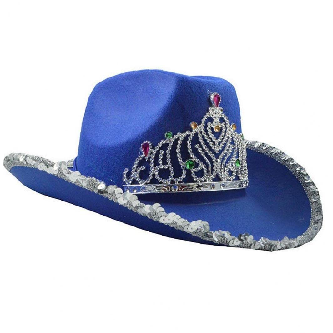 Ruluti Tiara Cowboy Hat Blue Cowgirl Hat Non Woven Blinking Rhinestone Crown Cap for Party Costume, 22-22.8in/56-58cm