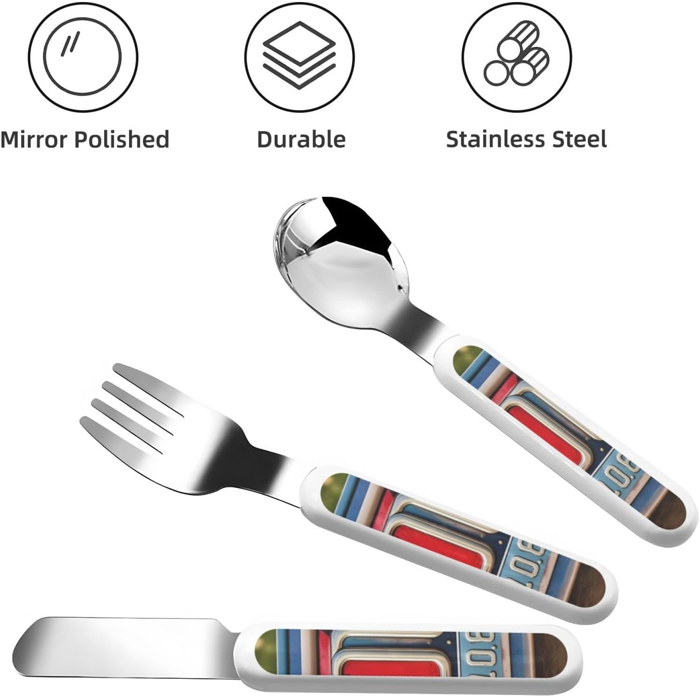 Old License Picture Flatware 3 Pieces Set For Dinners, Stainless Steel Cutlery, Forks, Dinner Knife, Dinner Spoon