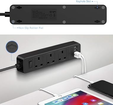JSVER Extension Lead with USB Slots, 5M Power Strip 3250W 13A with 3Way and 4 USB Smart Charging Ports Desk Power Socket with Switch for Home Travel-Black