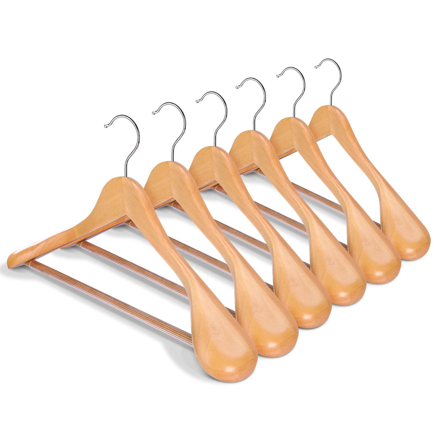 Occuwzz® Wide Shoulder Wooden Hangers 6 Pack with Non Slip Pants Bar, Smooth Finish 360° Swivel Hook Solid Wood Suit Hangers Coat Hangers for Dress, Jacket, Heavy Clothes (Natural)