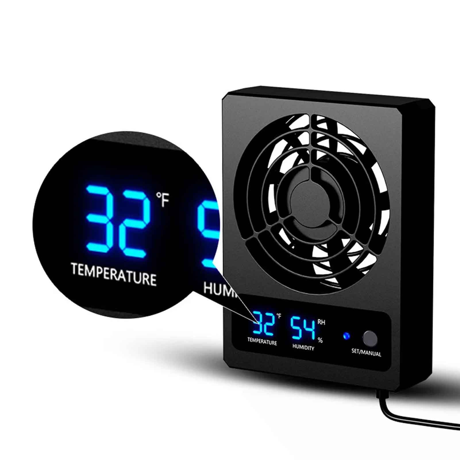 Toplionace Termómetro e Higrómetro para Tanque de Reptiles en la Selva Tropical, Ventilador de Ventilación con Control Inteligente, Pantalla Digital, Ventilación y Deshumidificación