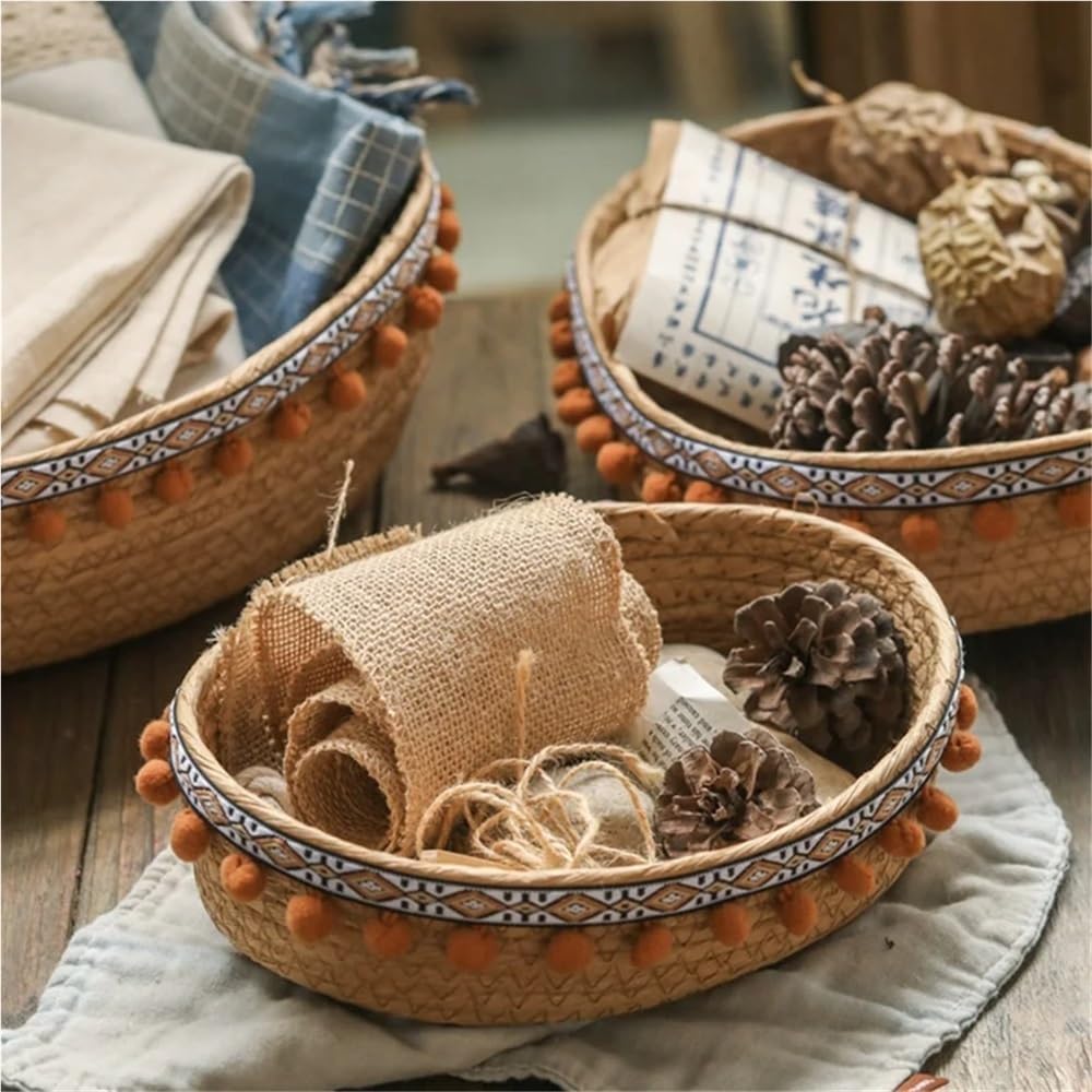 Luopan Storage Accessories, 1-Pack, Outdoor Natural Willow Straw Picnic Storage Basket, Garden Wall Flower Pot, Home Decoration Container(M 28 x 21 x 9cm)