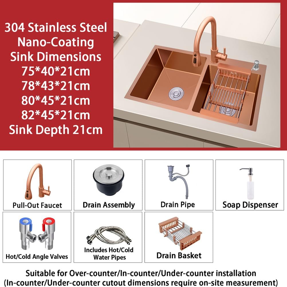 29-31In Drop in Double Bowl Kitchen Sink with Nano Coating,Stainless Steel Handmade Topmount Kitchen Sink Drop in Workstation Multifunctional Sink with Pull-Out Faucet,80 * 45 * 21cm