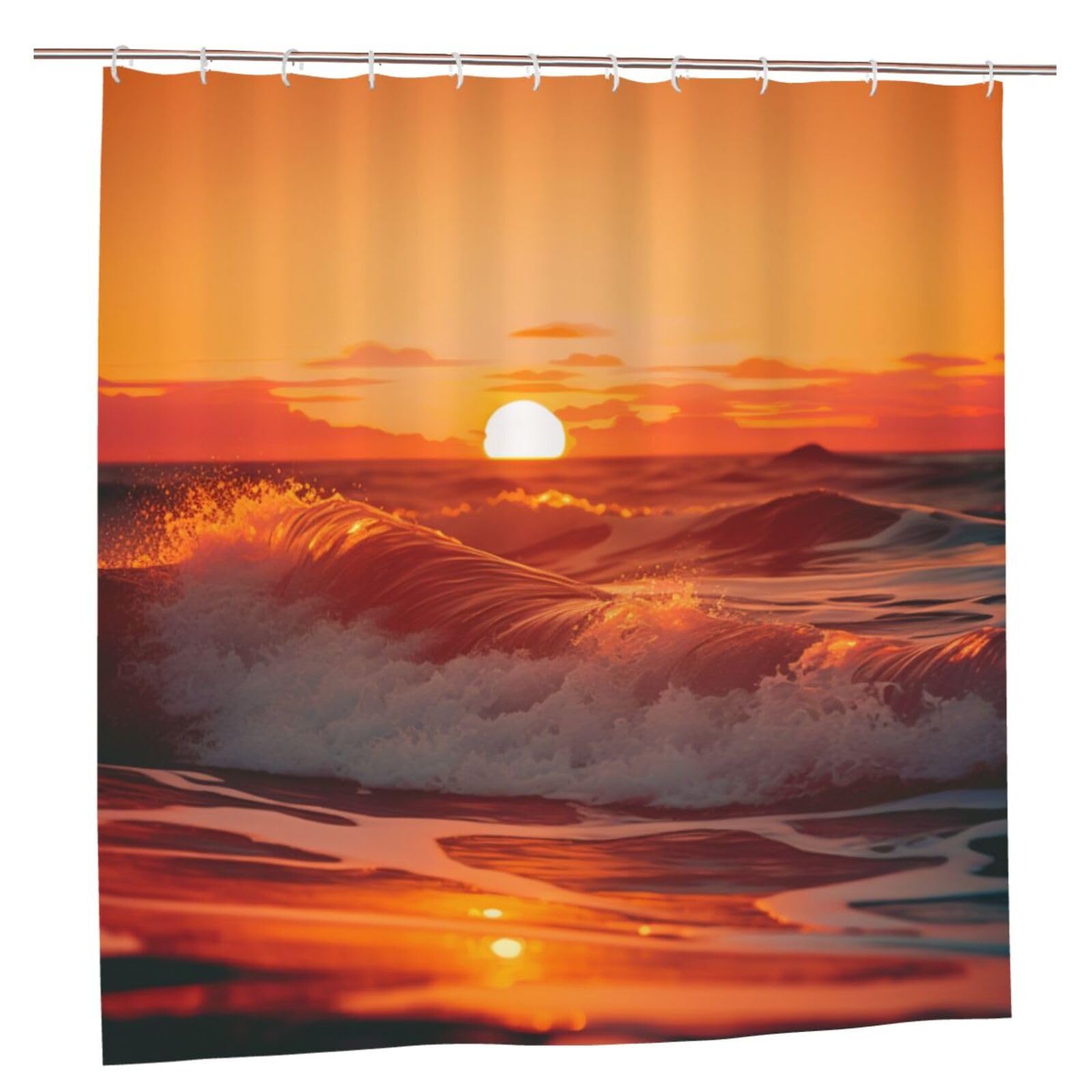 BWWHCCTI sunset with sea waves Printed Shower Curtain With 12 Plastic Hooks Opaque Quick Drying Waterproof Shower Curtains Sets For Bathroom 183x183 CM