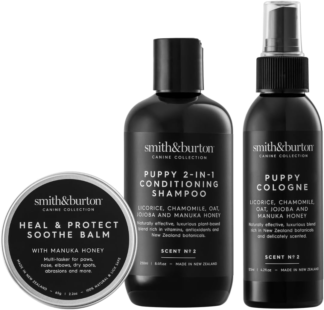 smith&burton Puppy Lustre Set, Gentle 3-Step Puppy Grooming Kit with 2-in1 Conditioning Shampoo, Cologne, Soothe Balm, for Ultimate Coat Lustre, Gentle Skin Care, Natural, Plant-Based Ingredients