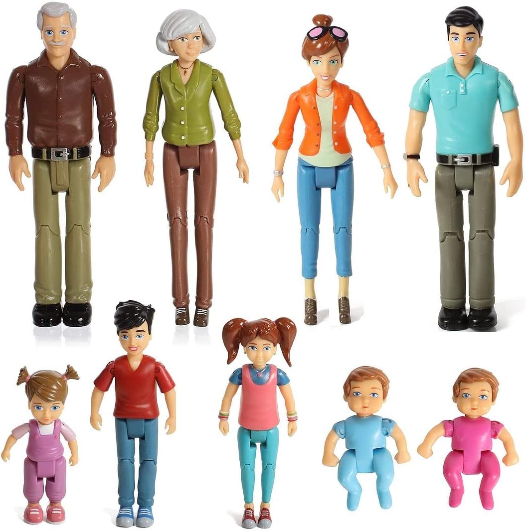 Beverly Hills Sweet Liโl Family Bendable Mini Dollhouse Figures | Set of 9 Grandpa, Grandma, Mom, Dad, Sister, Brother, Toddler, Twin Boy & Girl Pretend Play (1:12 Scale)