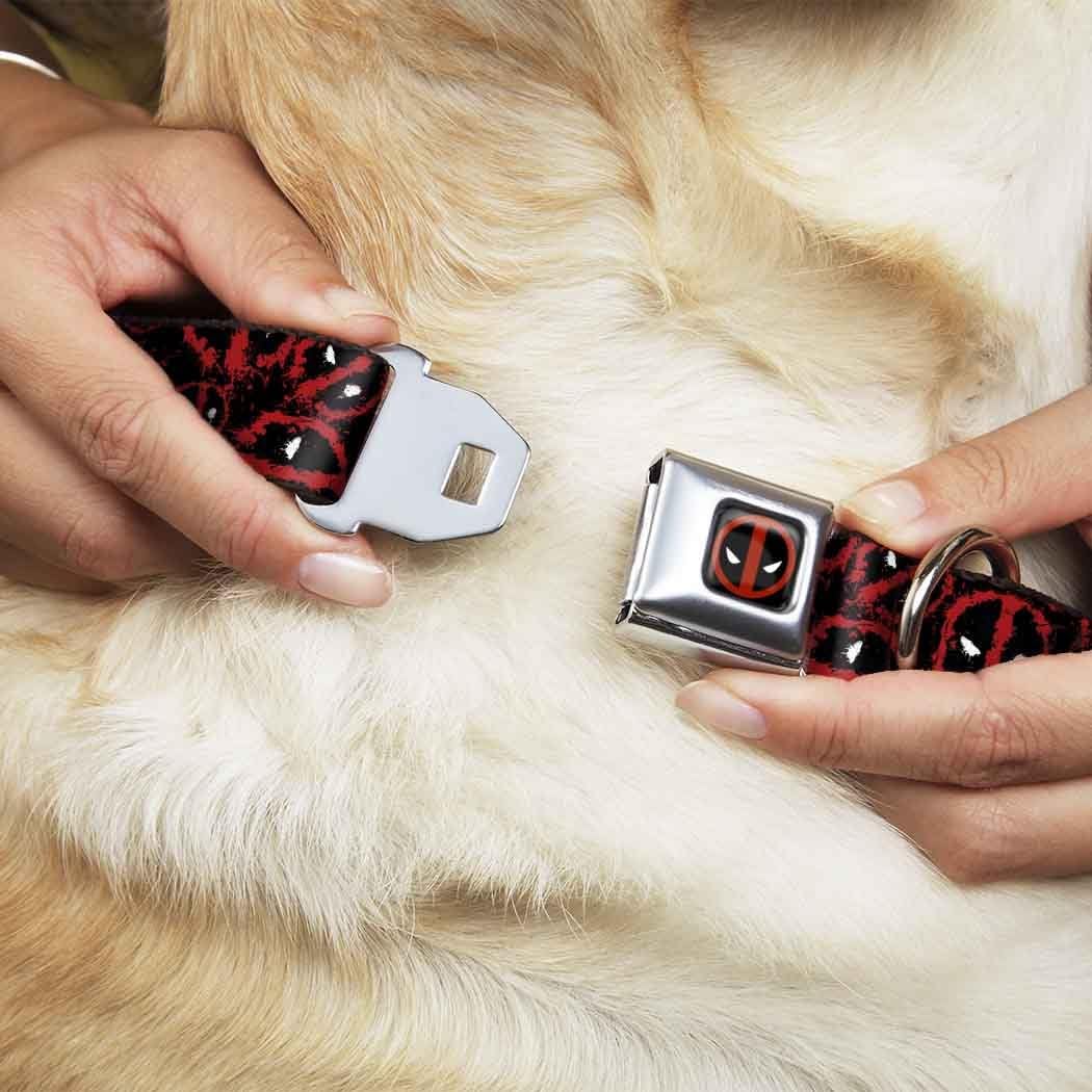 Dog Collar Seatbelt Buckle Deadpool Splatter Logo Scattered Black Red White 9 to 15 Inches 1.0 Inch Wide, Multicolor