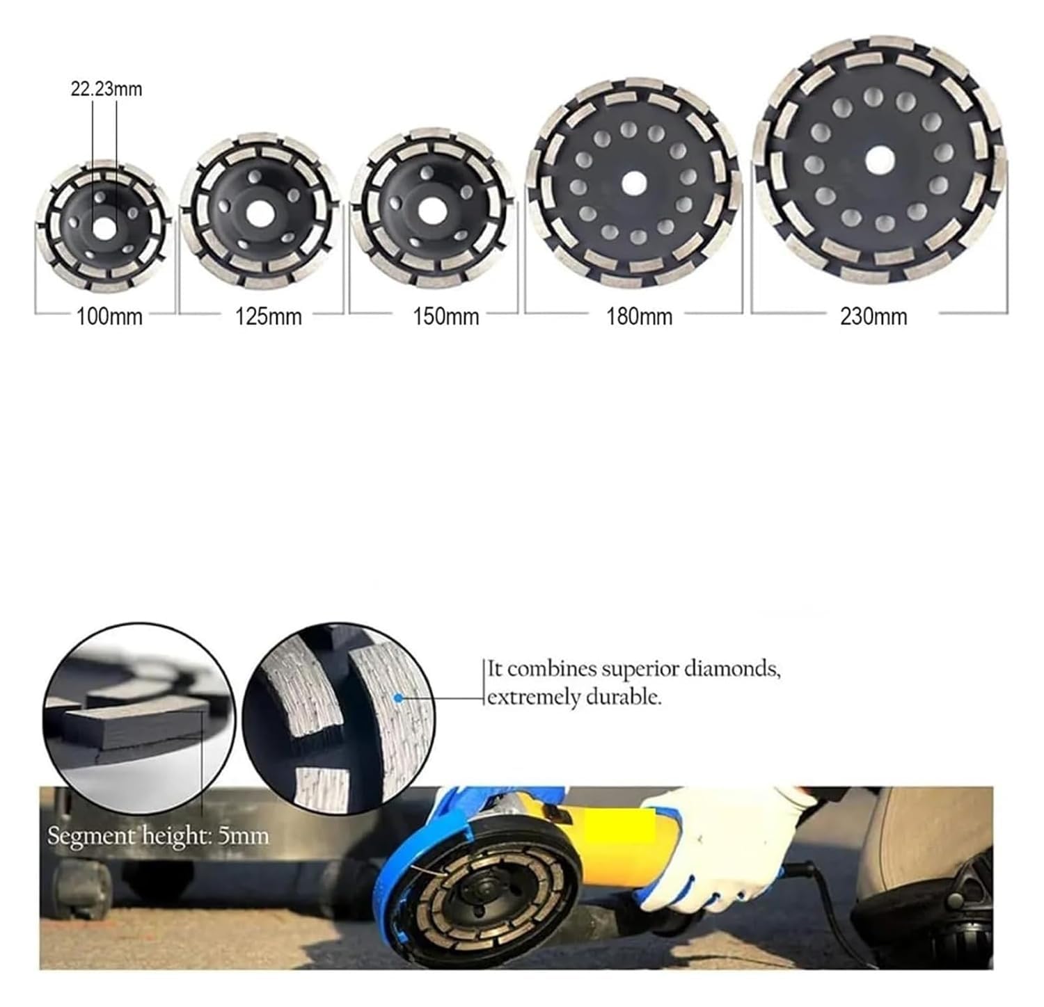 Diamentowa tarcza szlifierska, Dwurzędowa tarcza szlifierska z segmentem diamentowym do betonu granitowego kamiennego czarnego 100-230 mm(230mm)