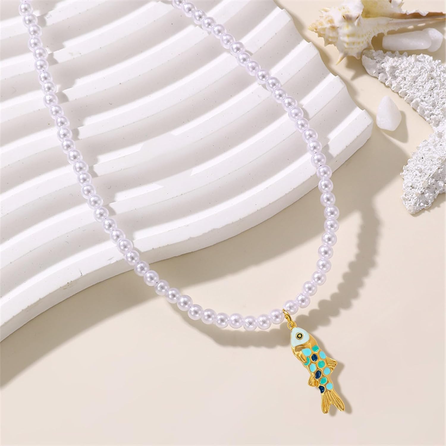 Aonklot Colorful Fish Charm Necklace Pearl Choker Necklaces for Women Cute Fish Jewelry Beach Charm Necklace - Image 5