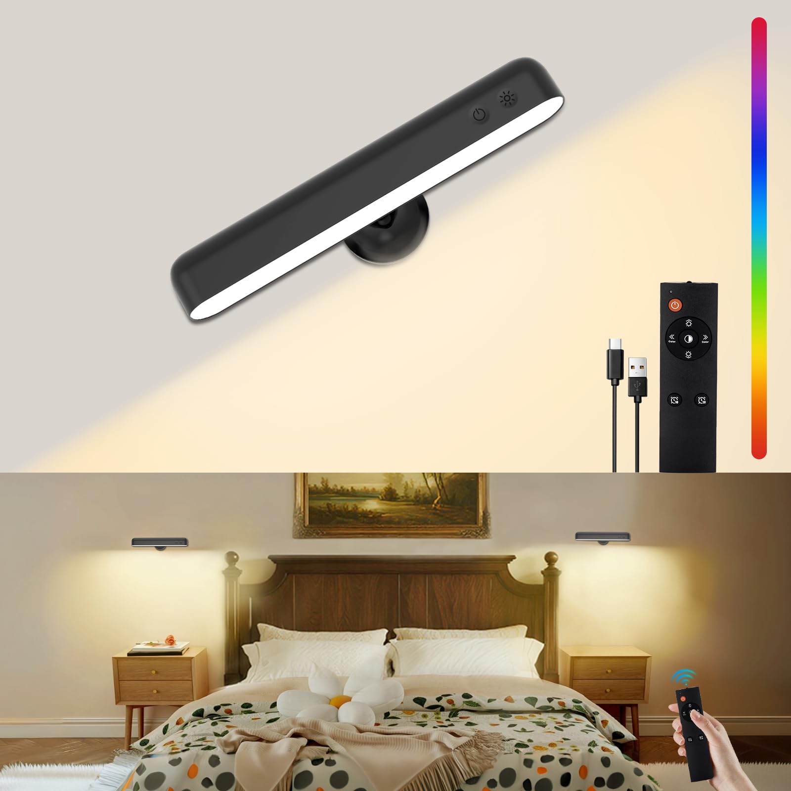 Speclux Rechargeable Wall Lights, LED Battery Operated Wall Lights with 7500mAh Battery Lamp for Bedroom, 3 Colors with 15 RGB Colors, 360°Rotate & Stepless Dimmable Brightness (1 Pack Black)