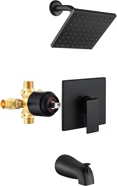 Esnbia Tub Shower Faucet Set (Valve Included) with 6-Inch Rain Shower Head and Tub Spout, Black Shower Head and Handle Set,Single-Handle Tub and Shower Trim Kit, Matte Black