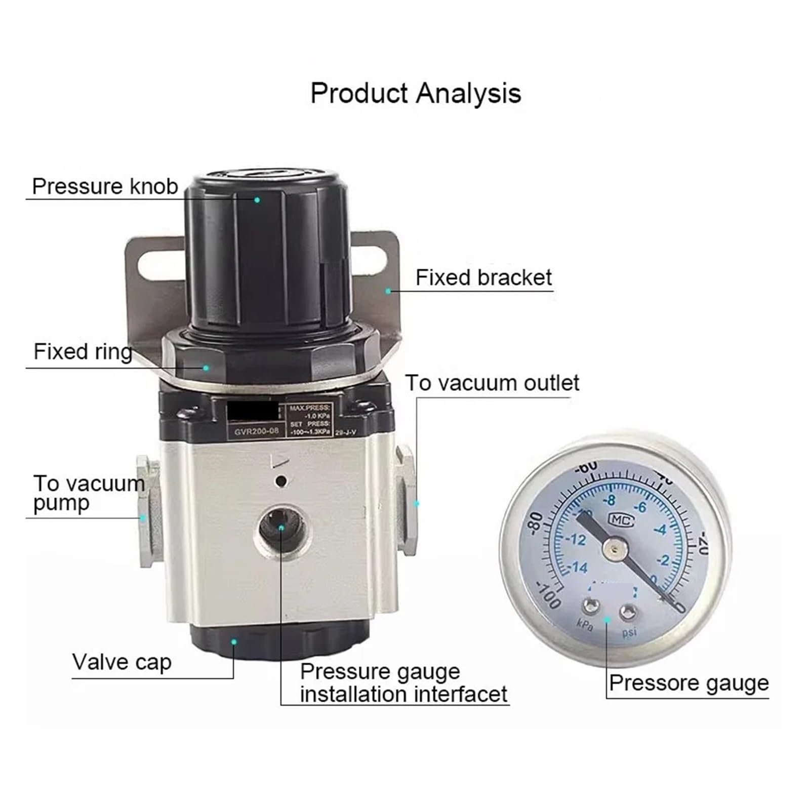 Válvula reguladora de presión neumática de vacío GVR20006 GVR20008 GVR30008 GVR30010 Válvula de control de presión negativa(GVR300 08)
