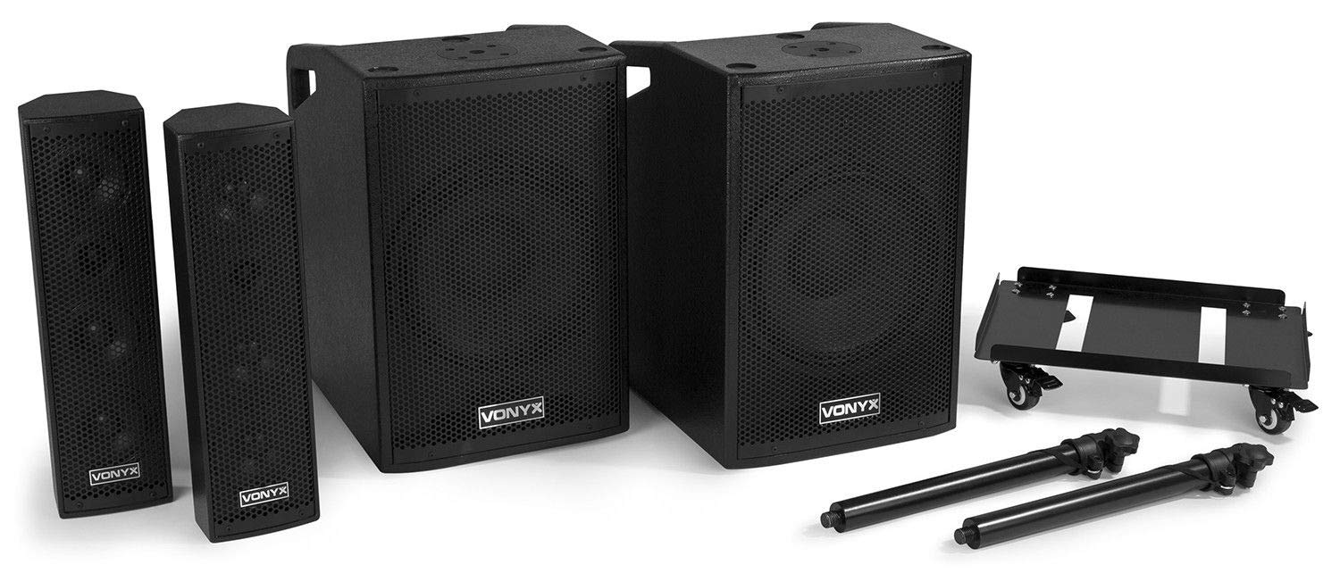 Vonyx Kit Altoparlanti Attivi VX1050BT 2.2 Custodia Protettiva Trolley BT 1150W | Include trolley e custodia, controllo indipendente del subwoofer, montaggio rapido, telecomando incluso
