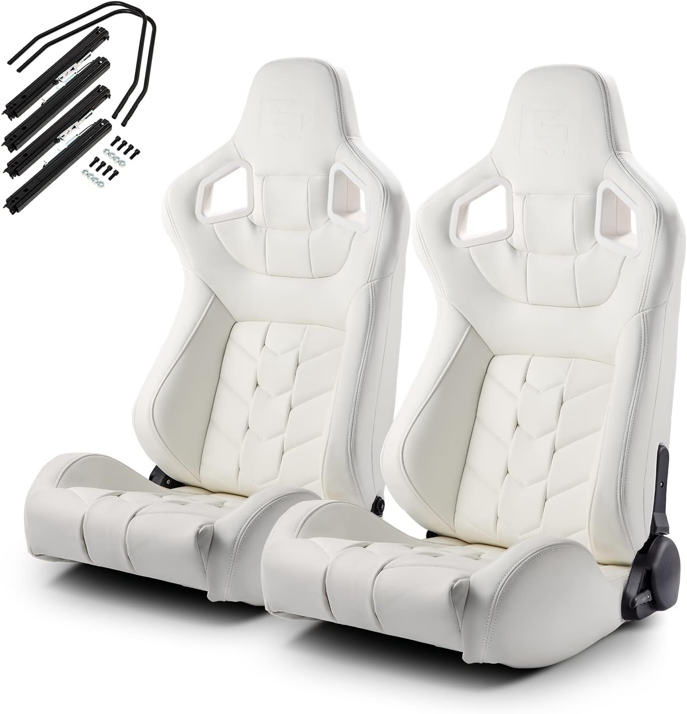 ModifyStreet [Pure Series] Universal 1 Pair All White PVC Leather Racing Seats with Diamond-Quilted Stitching, Reclinable Seats with Dual Sliders, Passenger and Driver Side 2PCS Set
