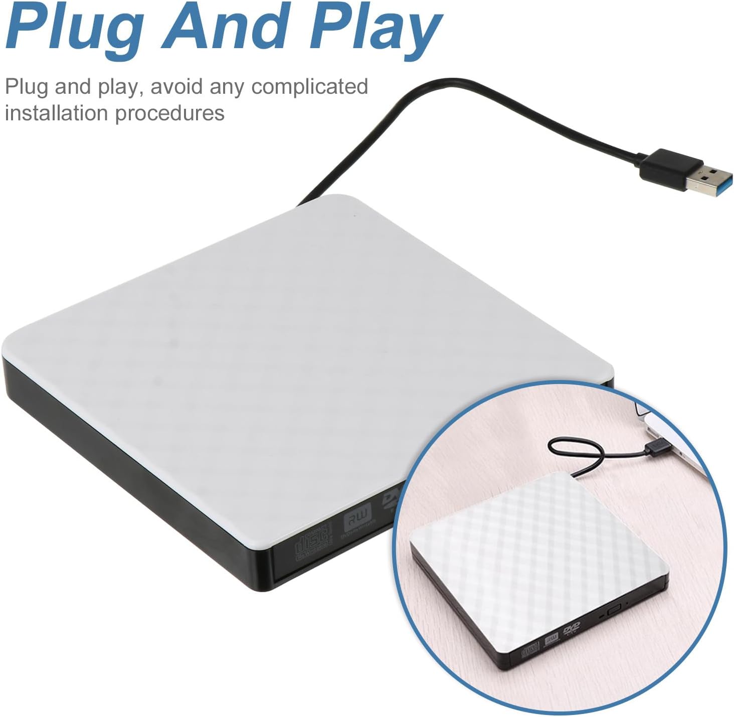USB 3.0 External DVD Burner and DVD Writer Drive for Laptop and Desktop White Portable Rewriter Compatible with Windows and Other Operating Systems