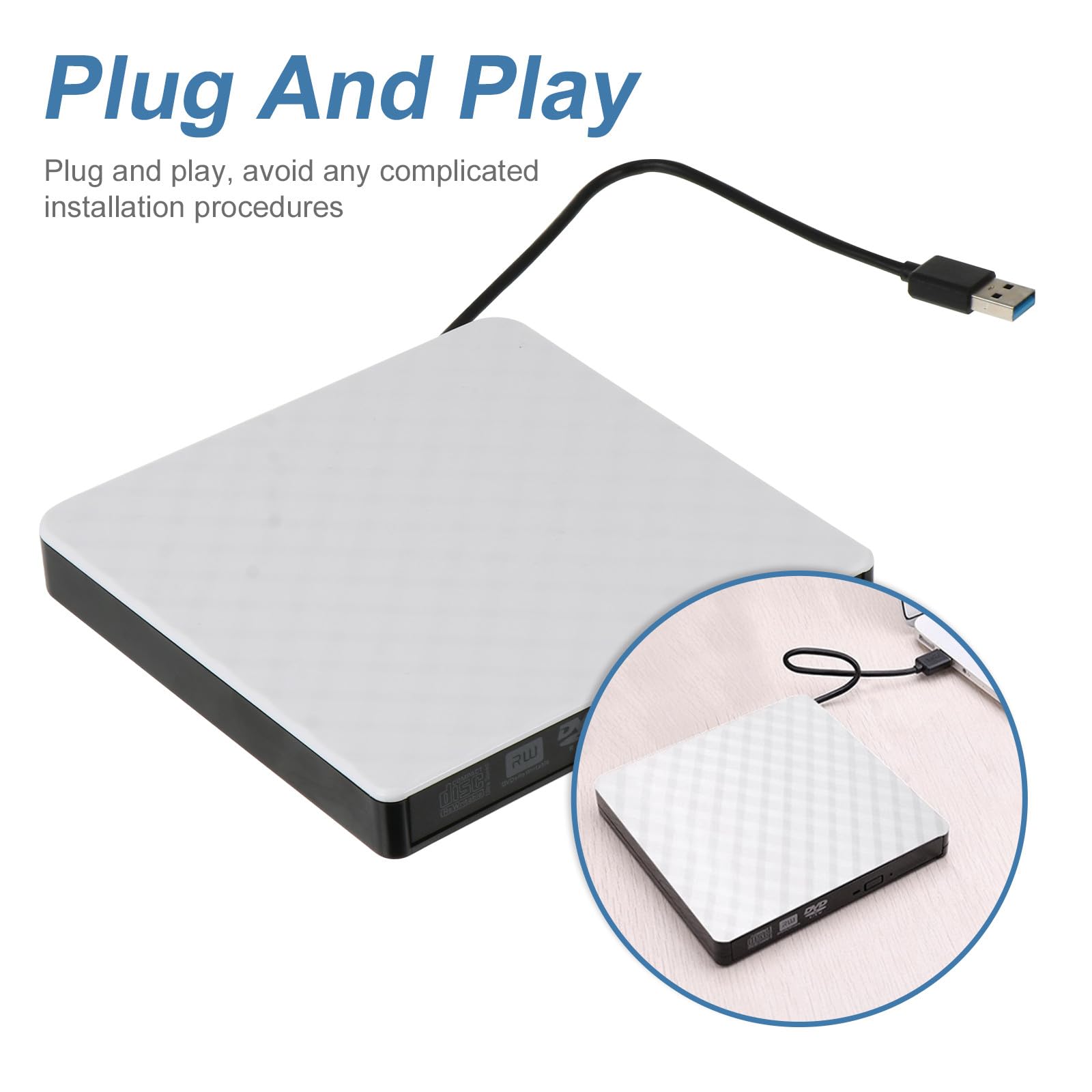 Masterizzatore Dvd Esterno USB 3.0 Lettore CD Bianco Ultra Sottile e Leggero Compatibile Laptop e Desktop Design Classico e Basso Rumore