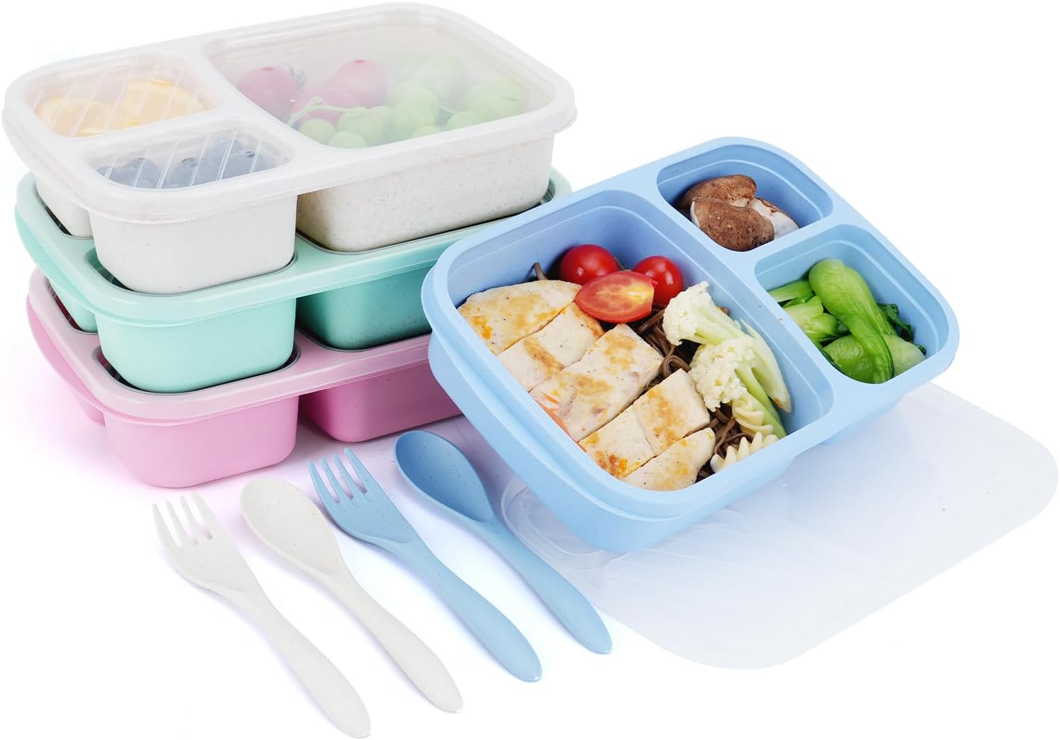 Moretoes Lunchable Container, 3-Compartment Bento Boxes Meal Prep Containers with Clear Lids and 2 Cutlerys, Reusable Food Storage Containers for Work Travel School Set of 4