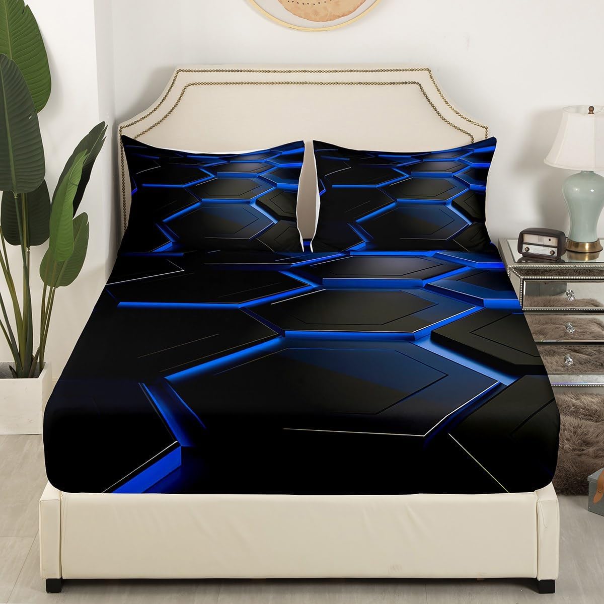 Blue Neon Geometric Bed Sheet Queen Set Honeycomb Sheets Sets Adults Bedroom Decor Modern Cool Neon Microfiber Bedding Set with Flat,Fitted Sheet,2 Pillow Cases