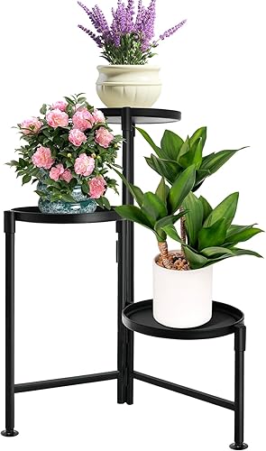 Soporte para plantas de 3 niveles para interior, estante de metal para plantas al aire libre, soporte alto plegable de esquina para múltiples