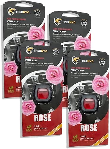 TrexNYC Car Air Fresheners Vent Clips, Essential Car Odor Eliminator, Perfect Scented Car Accessories, For Long Lasting Fragrance up to 30 days, 0.07 FL.OZ (Rose, 4 Packs)