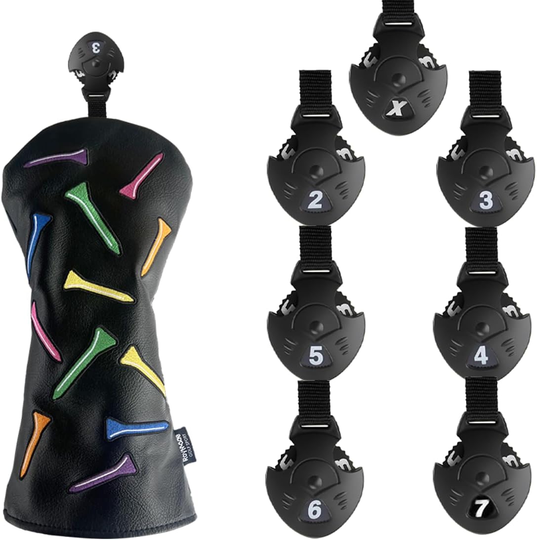 ROYMADE Golf Club Covers Set Colorful Tees Design Driver Covers Fairway Wood Cover Hybrid Cover Leather Golf Wood Head Cover