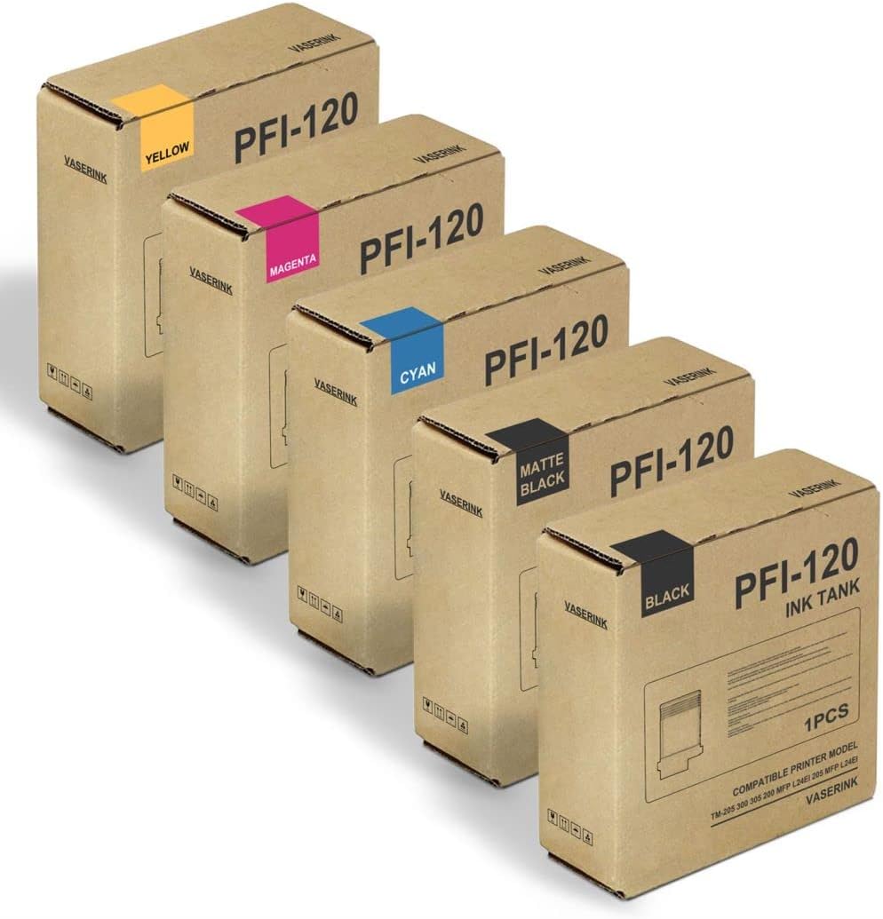 PFI-120 Ink Cartridges Set (5 Pack Black/Matte Black/Cyan/Magenta/Yellow) - VASRINK Compatible PFI-120BK PFI-120MBK PFI-120C PFI-120M PFI-120Y Ink Replacement for Canon TM-205 300 305 200 Printer