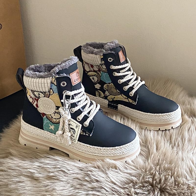 Winter Combat Boots with Fur Lining, Black and Tan, Lace-Up Style, Plush Interior, Casual Outdoor Snow Boots